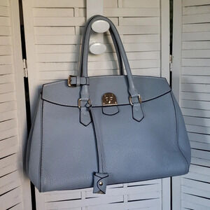 INZI blue gray pebble leather flap clousure satchel bag